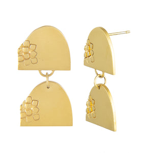 Playful long earrings n gold plated silver with two textured half-oval shapes Side View | Imprint Collection | Margo Orlovik