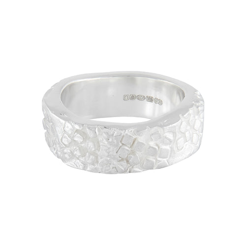 Chunky organic silver band with square pattern all around the outer surface | Imprint Collection | Margo Orlovik