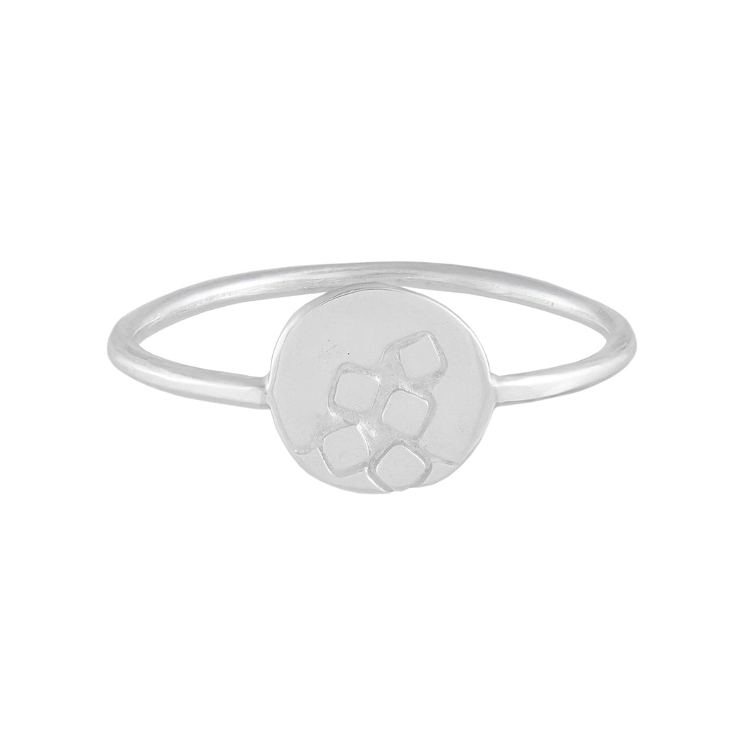 Delicate silver ring with thin wire band and round textured front feature | Imprint Collection | Margo Orlovik