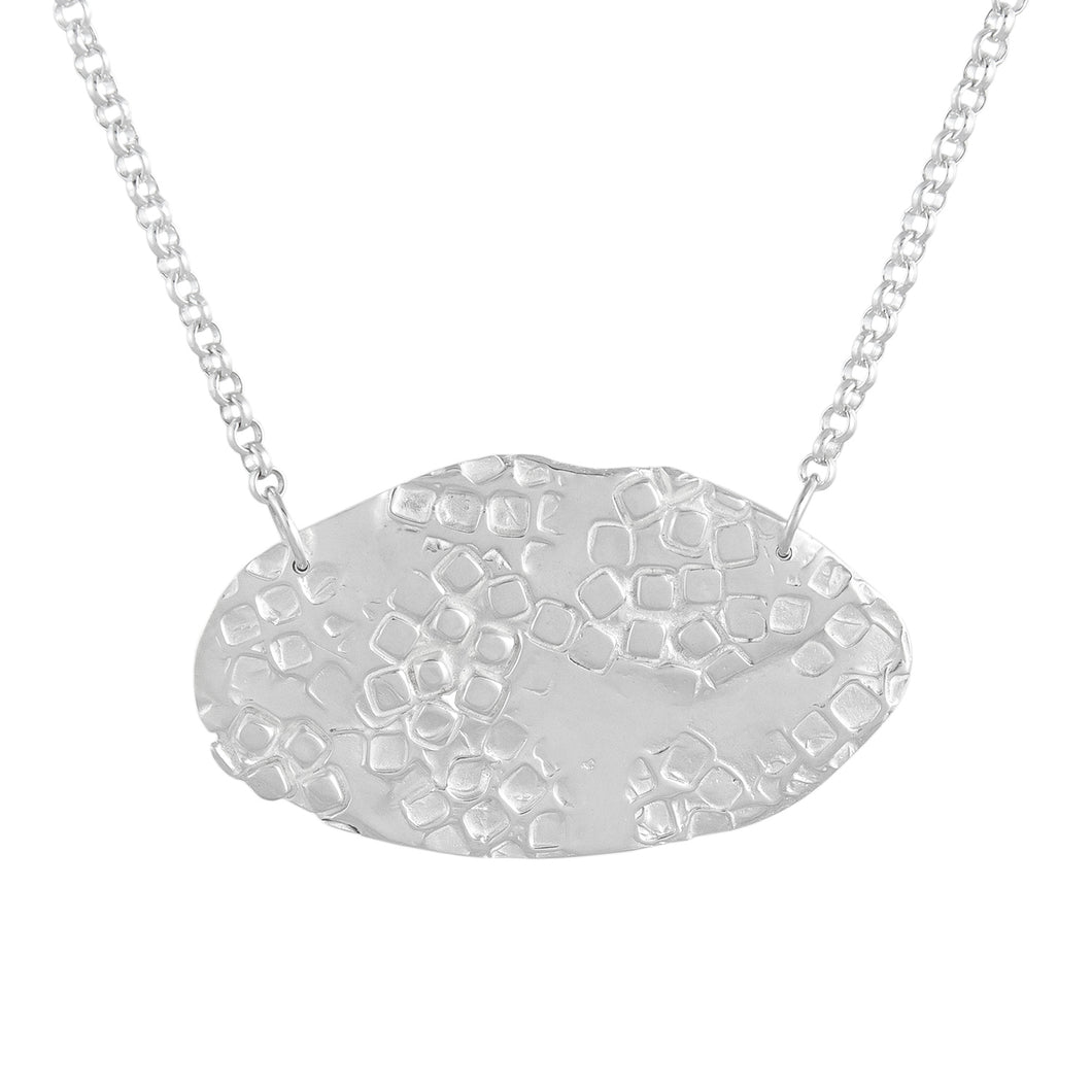 Short silver necklace with textured oval shape on a chain | Imprint Collection | Margo Orlovik
