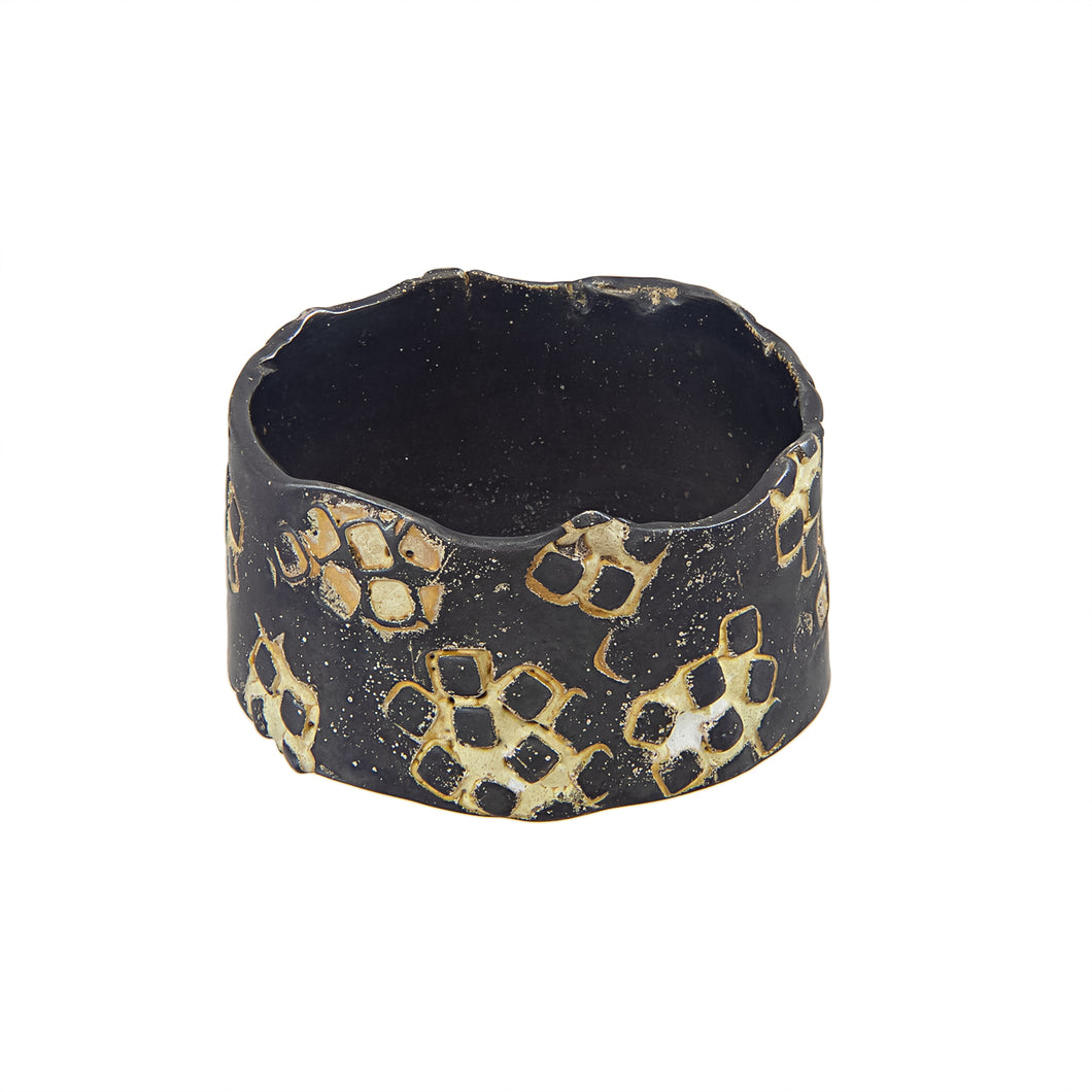 Tall and thin darkened silver band ring with enamelled square pattern, unique, one-off | Imprint Collection | Margo Orlovik