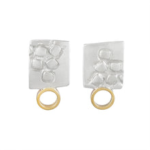 Load image into Gallery viewer, Small rectangular silver stud earrings with square pattern and 9K gold hoops | Imprint Collection | Margo Orlovik
