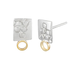 Load image into Gallery viewer, Small rectangular silver stud earrings with square pattern and 9K gold hoops Side View | Imprint Collection | Margo Orlovik
