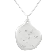 Load image into Gallery viewer, Organic shaped silver pendant with square pattern and white sapphires, on a chain.
