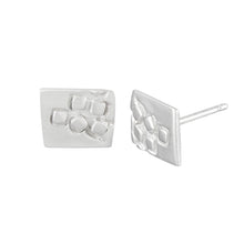 Load image into Gallery viewer, Small rectangular silver stud earrings with square pattern Side View | Imprint Collection | Margo Orlovik
