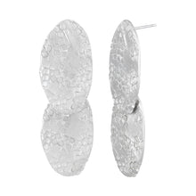 Load image into Gallery viewer, Long silver stud earrings with two textured oval components side view | Imprint Collection | Margo Orlovik
