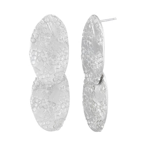 Long silver stud earrings with two textured oval components side view | Imprint Collection | Margo Orlovik
