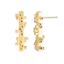 Load image into Gallery viewer, Medium length square tube stud earrings in gold vermeil side view Colony Collection Margo Orlovik Contemporary Jewellery
