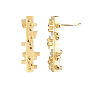 Medium length square tube stud earrings in gold vermeil side view Colony Collection Margo Orlovik Contemporary Jewellery